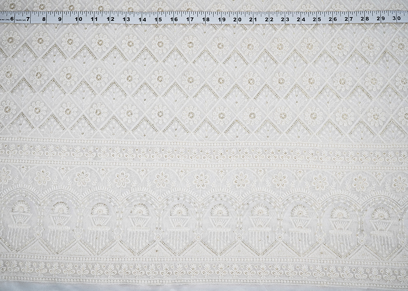 White Georgette Fabric with Allover Thread and Sequins Work with One-Side Scalloped Border 19797