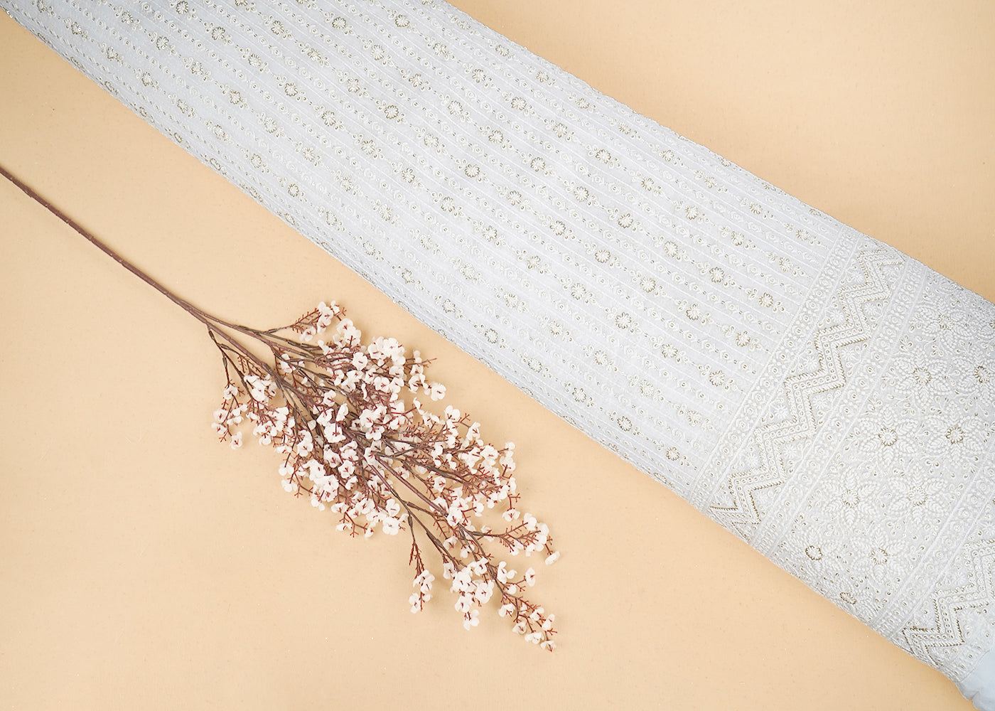 White Georgette Fabric with Allover Thread and Sequins Work with One-Side Scalloped Border 19799