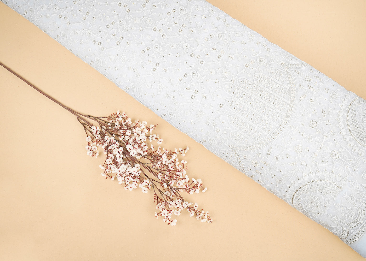 White Georgette Fabric with Allover Thread and Sequins Work with One-Side Scalloped Border 19801