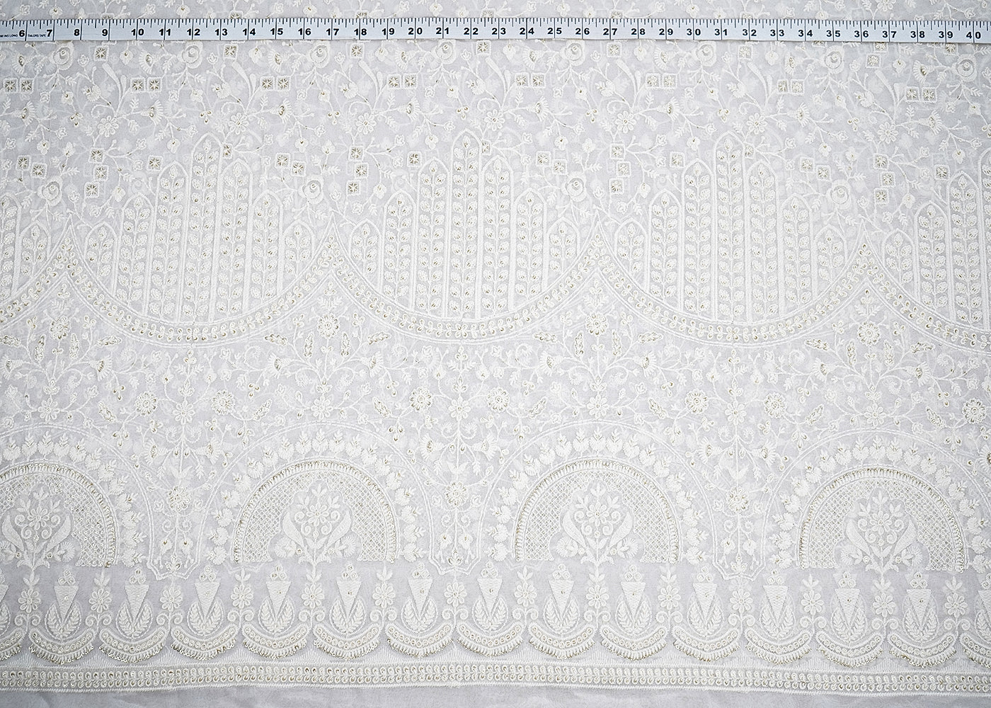 White Georgette Fabric with Allover Thread and Sequins Work with One-Side Scalloped Border 19801