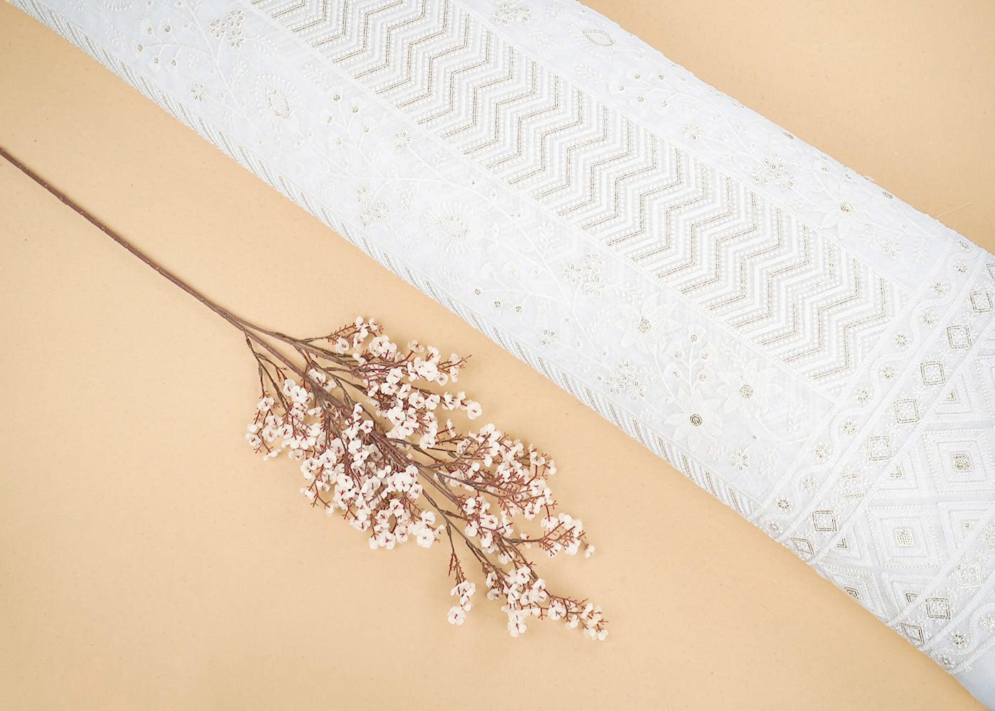 White Georgette Fabric with Allover Thread and Sequins Work with One-Side Scalloped Border 19802