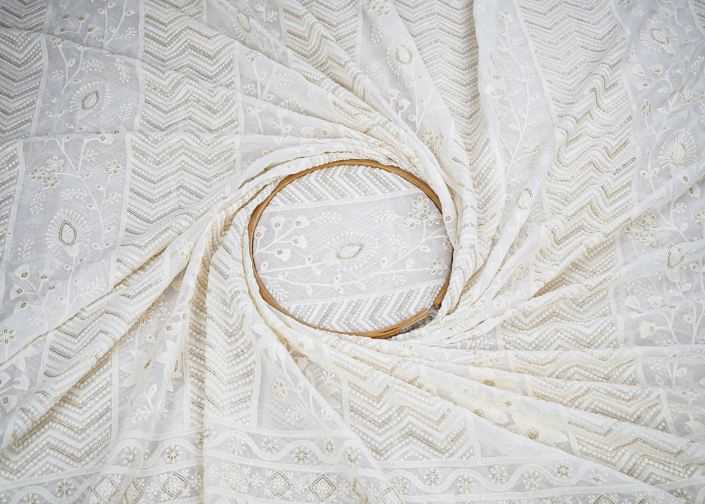 White Georgette Fabric with Allover Thread and Sequins Work with One-Side Scalloped Border 19802