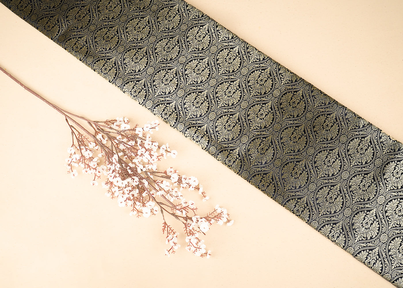 Black Banarasi Brocade Fabric with Allover Golden Zari Handloom 19845