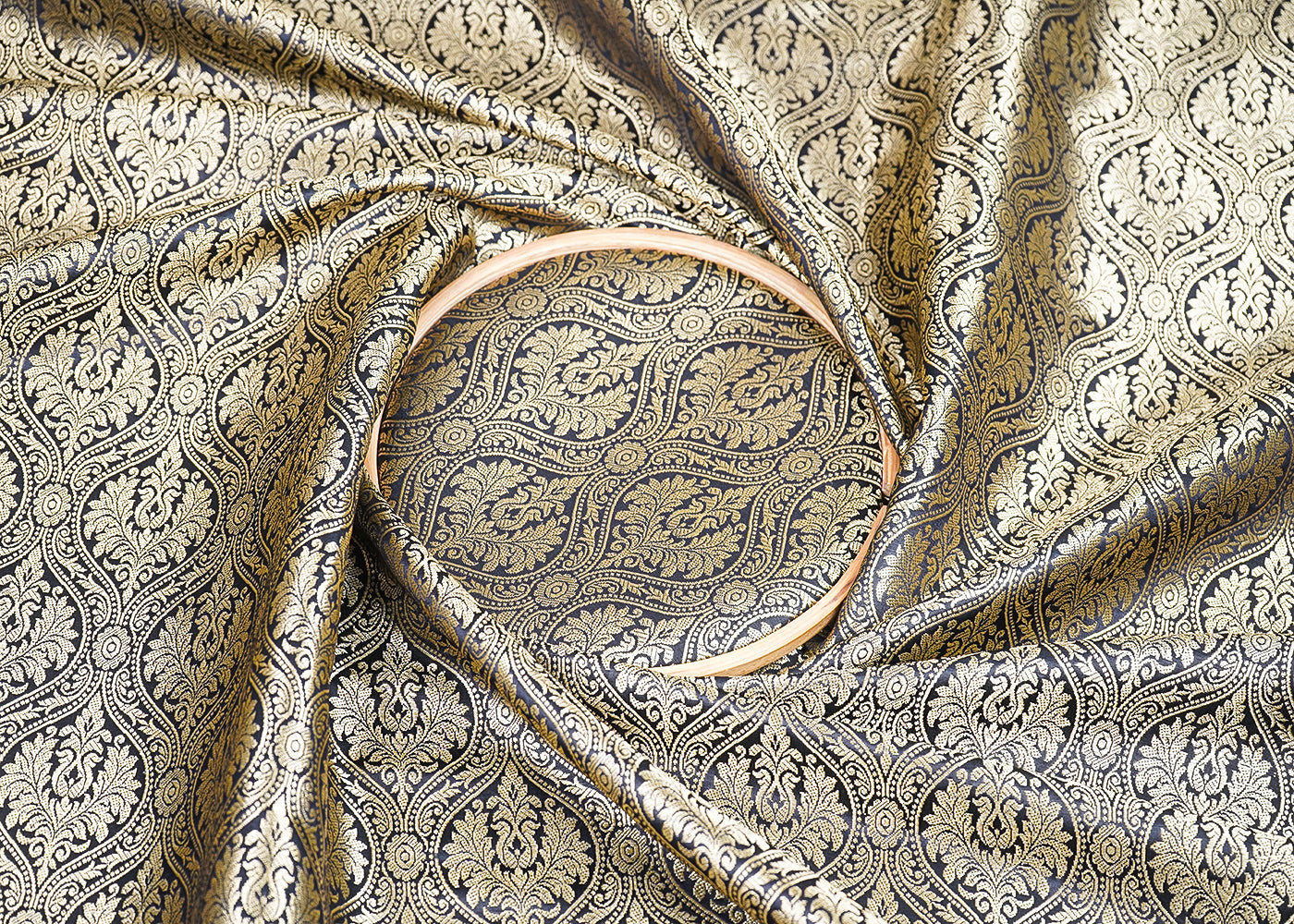 Black Banarasi Brocade Fabric with Allover Golden Zari Handloom 19845