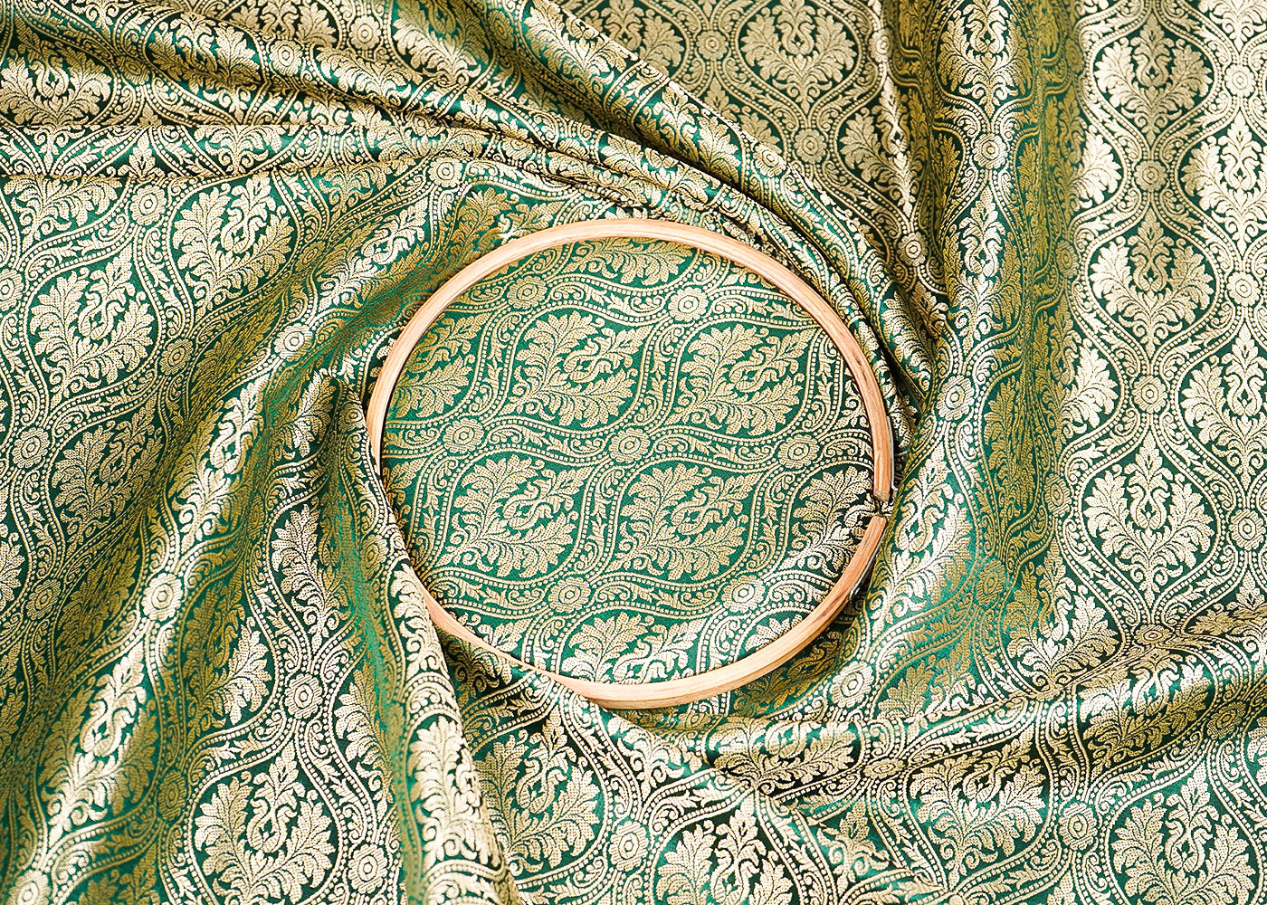 Bottle Green Banarasi Brocade Fabric with Allover Golden Zari Handloom 19846