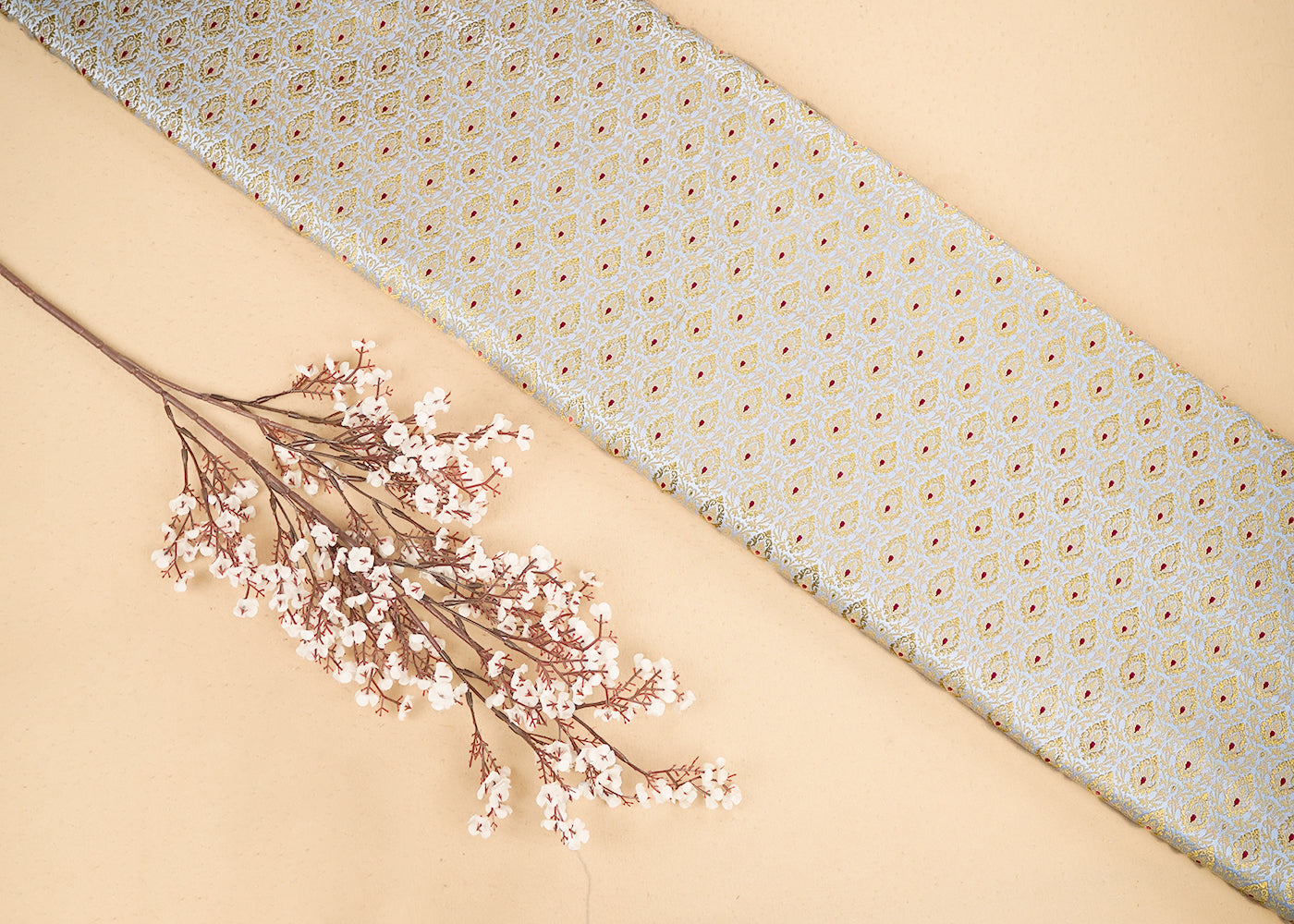 Light Grey Banarasi Brocade Fabric with Allover Golden Zari Handloom 19859