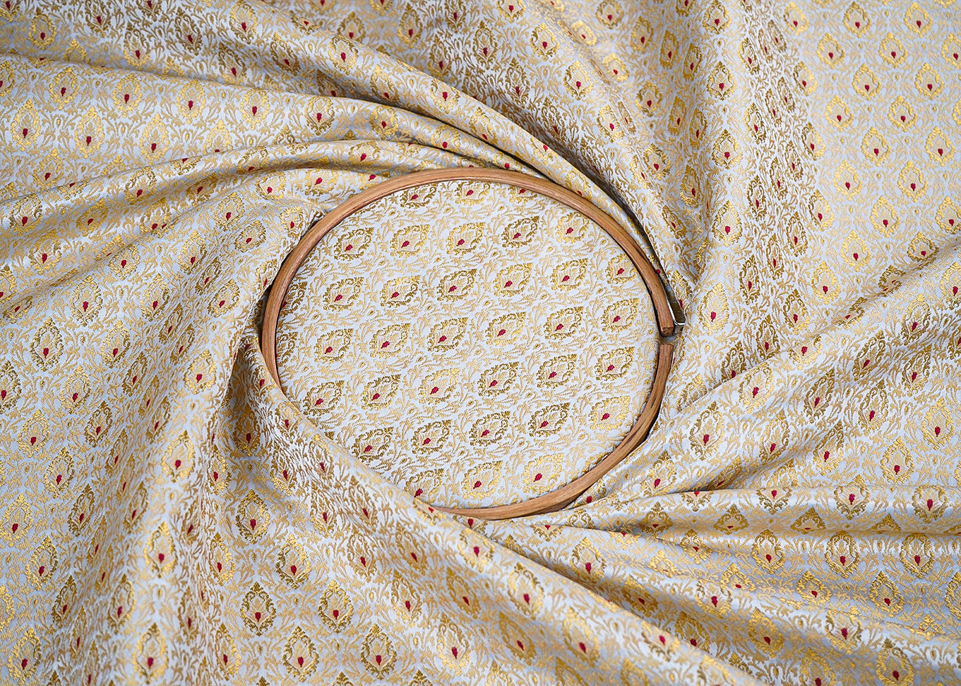 Light Grey Banarasi Brocade Fabric with Allover Golden Zari Handloom 19859