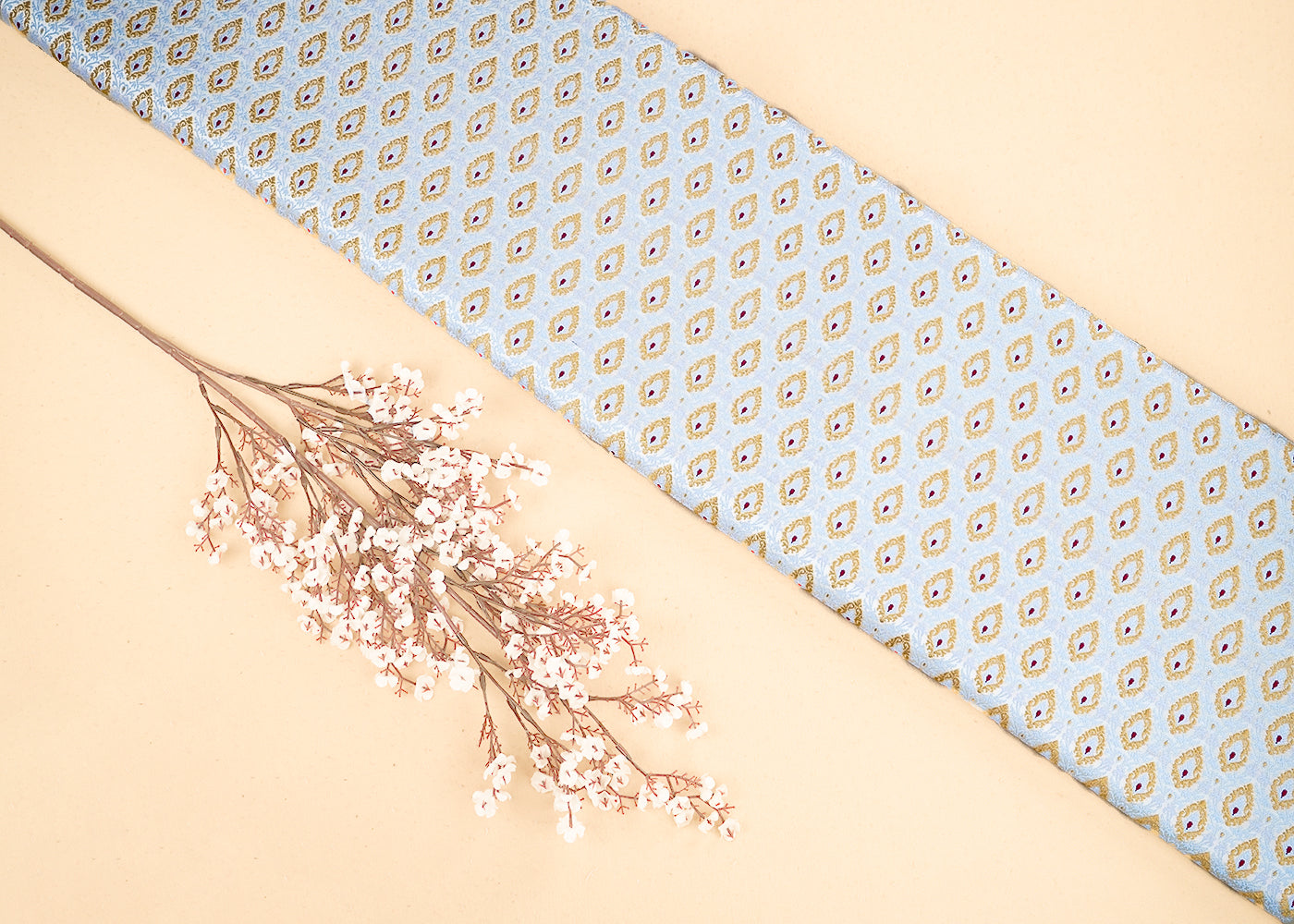Ice Blue Banarasi Brocade Fabric with Allover Golden Zari Handloom 19861