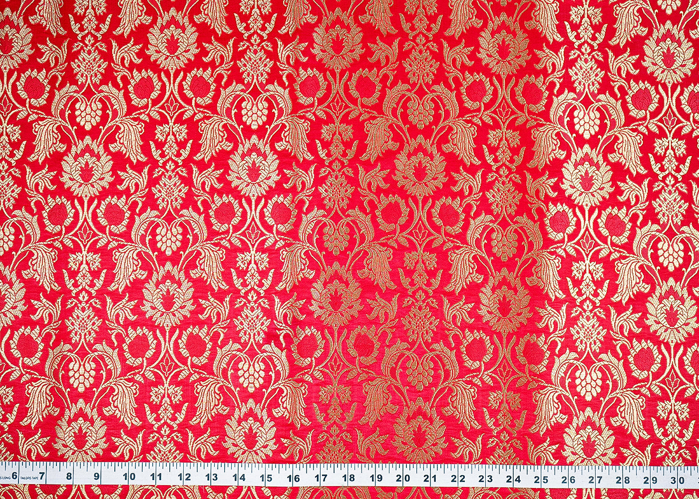 Red Banarasi Brocade Fabric With All Over Golden Zari Handloom 19863