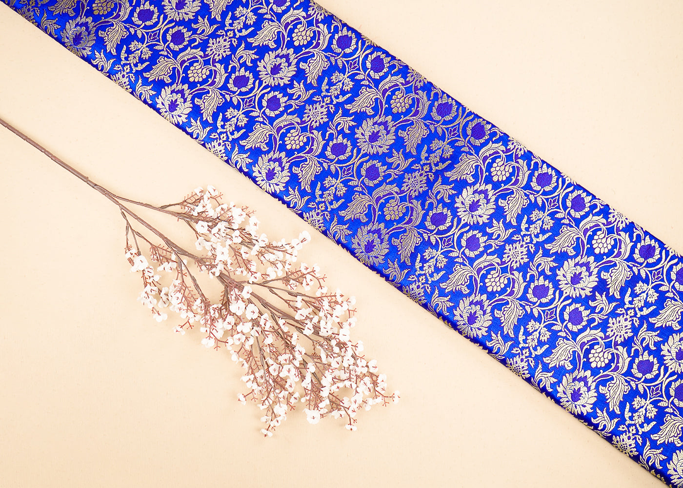 Royal Blue Banarasi Brocade Fabric With All Over Golden Zari Handloom 19864