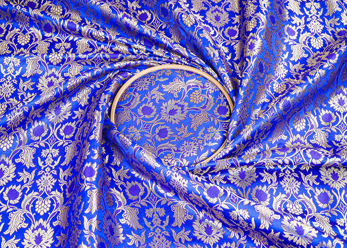 Royal Blue Banarasi Brocade Fabric With All Over Golden Zari Handloom 19864