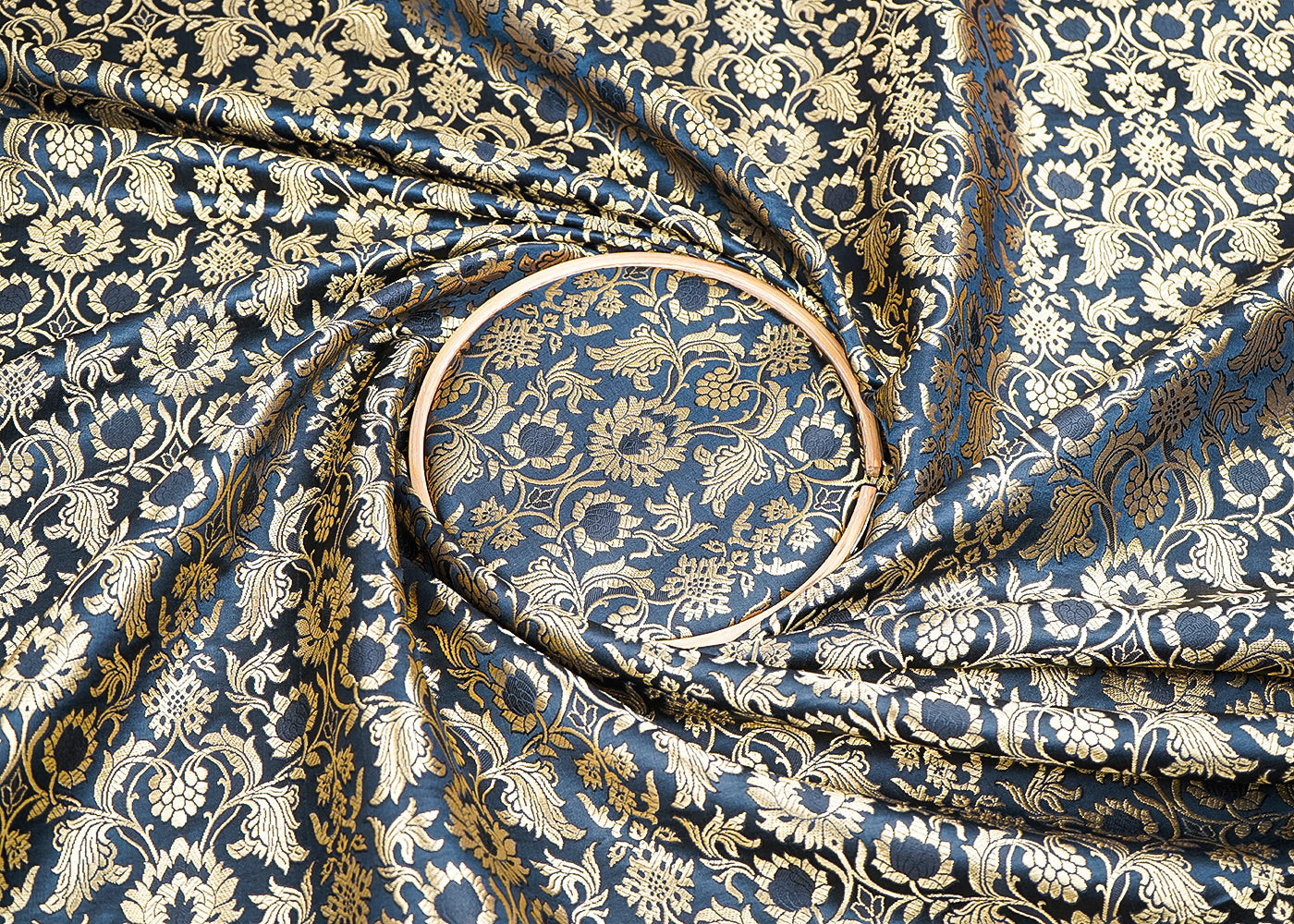 Black Banarasi Brocade Fabric With All Over Golden Zari Handloom 19865