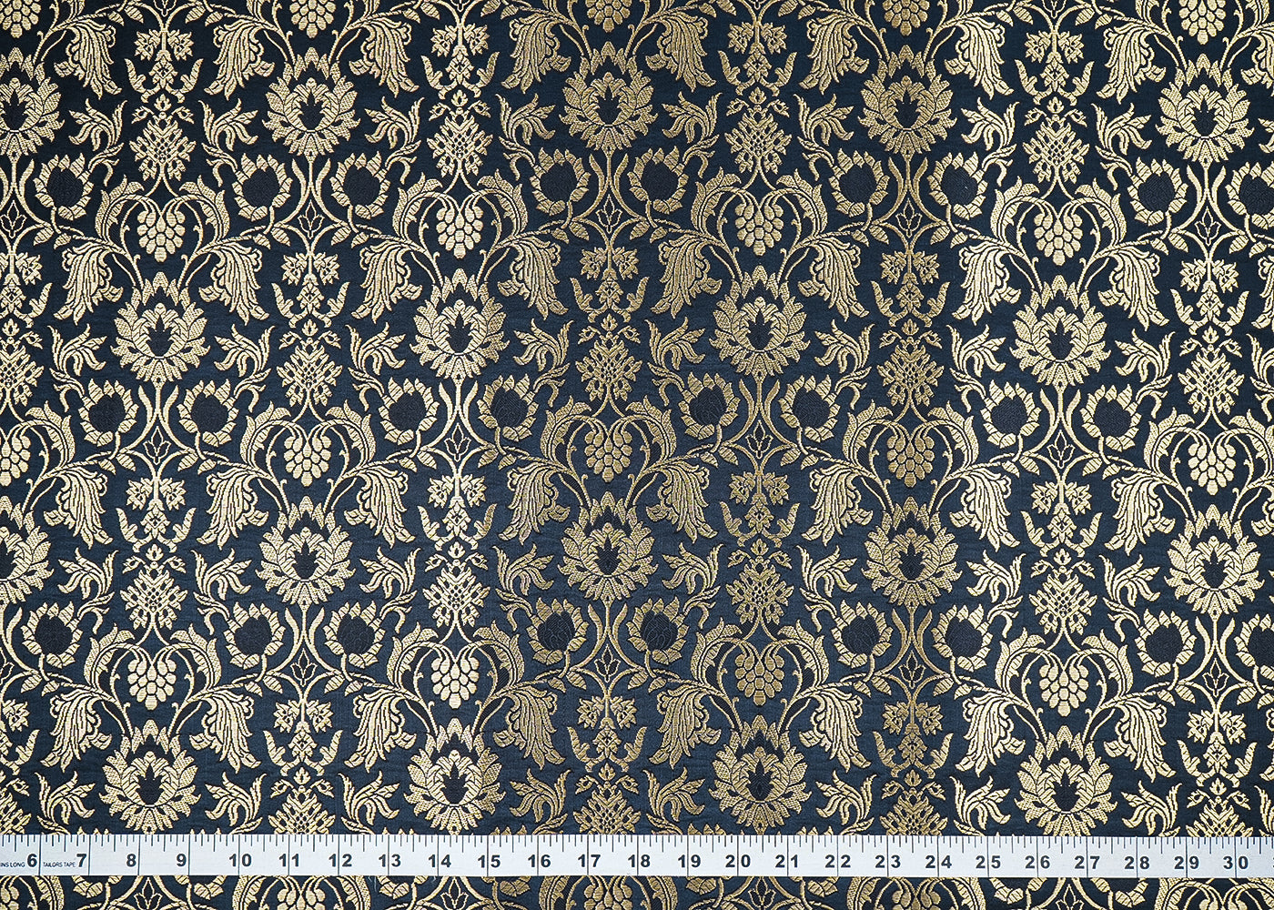 Black Banarasi Brocade Fabric With All Over Golden Zari Handloom 19865