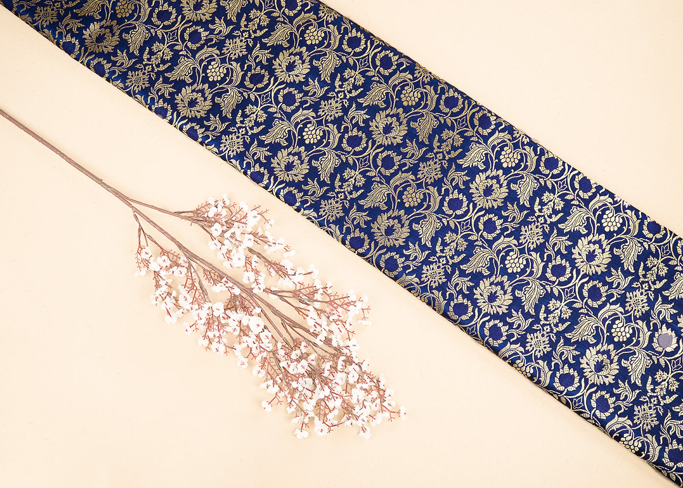 Navy Blue Banarasi Brocade Fabric With All Over Golden Zari Handloom 19866