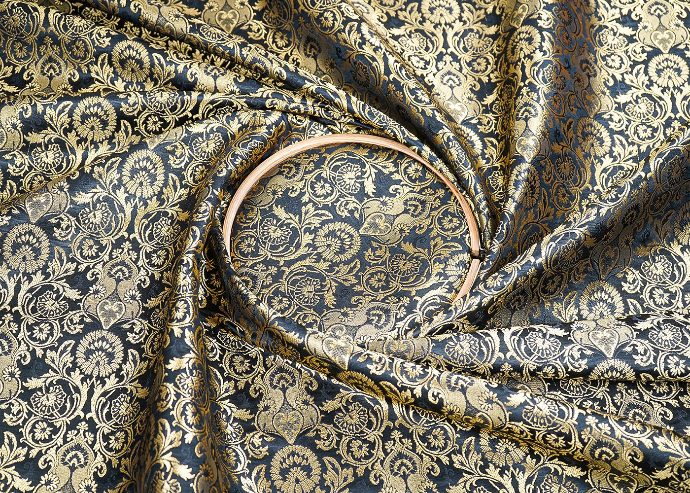 Black Banarasi Brocade Fabric With All Over Golden Zari Handloom 19868