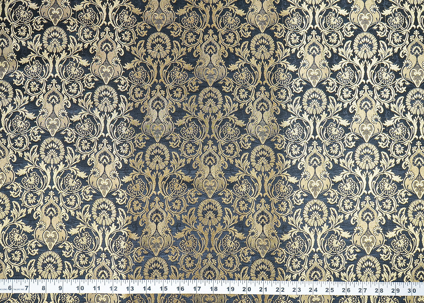 Black Banarasi Brocade Fabric With All Over Golden Zari Handloom 19868