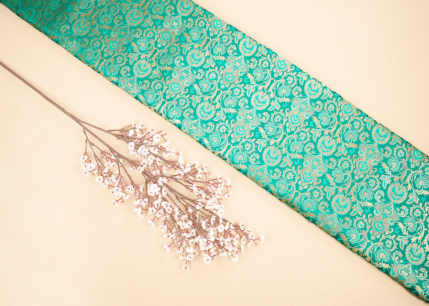 Teal Green Banarasi Brocade Fabric With All Over Golden Zari Handloom 19869