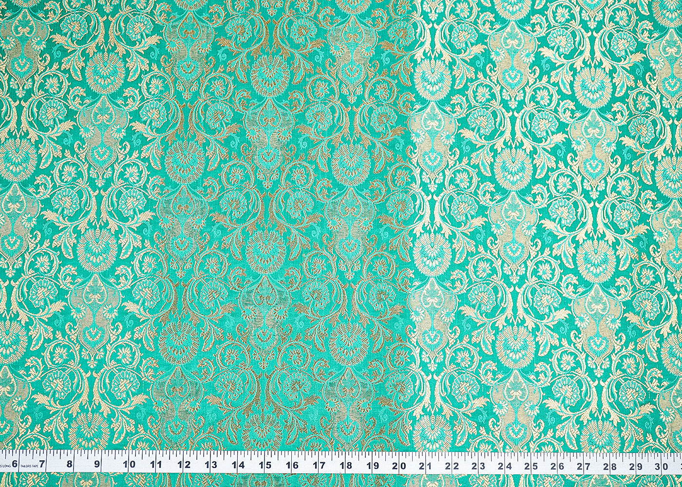 Teal Green Banarasi Brocade Fabric With All Over Golden Zari Handloom 19869