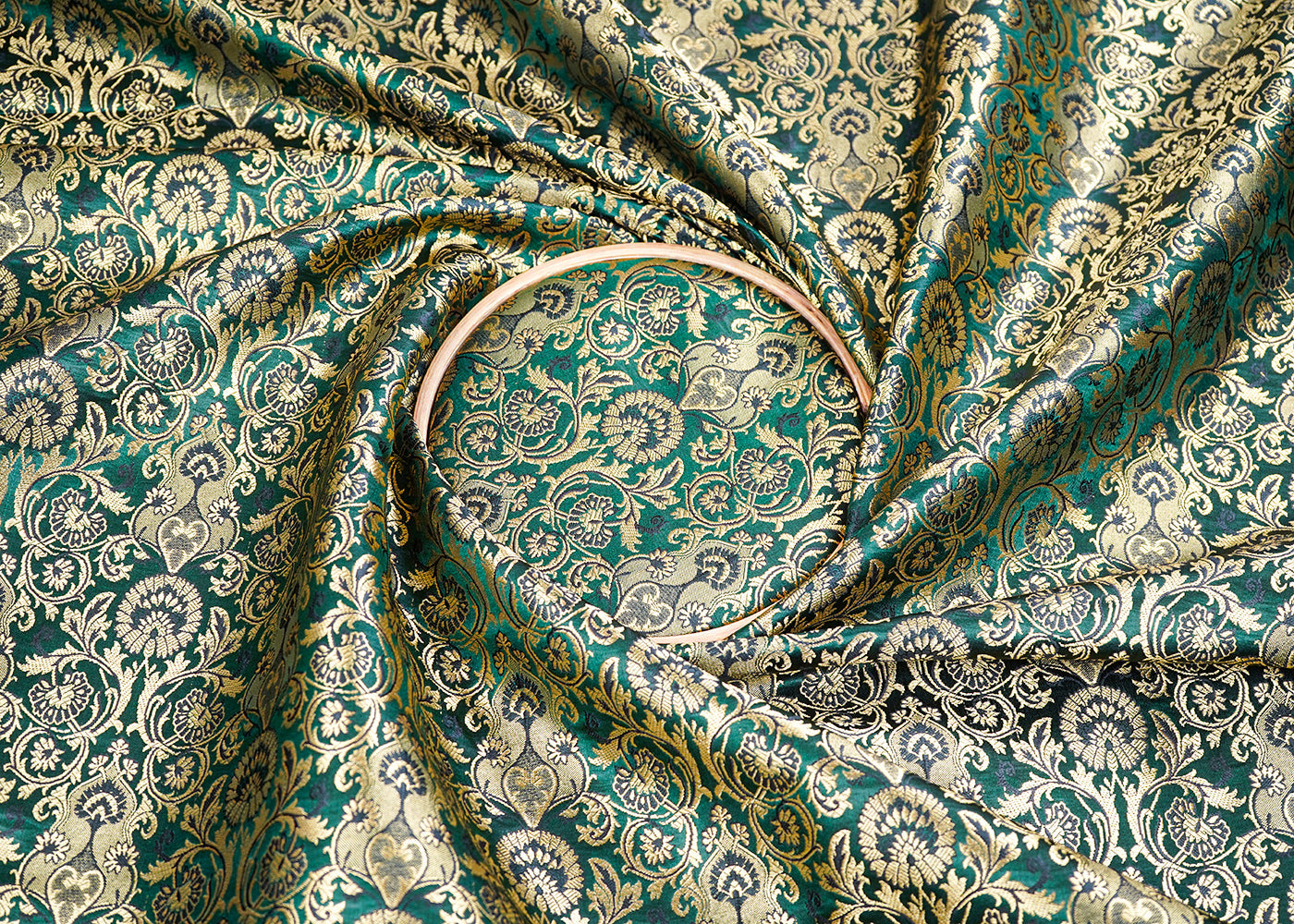 Bottle Green Banarasi Brocade Fabric With All Over Golden Zari Handloom 19870