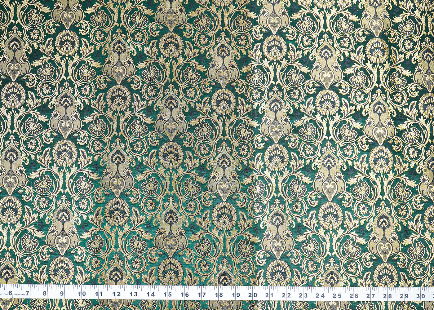 Bottle Green Banarasi Brocade Fabric With All Over Golden Zari Handloom 19870