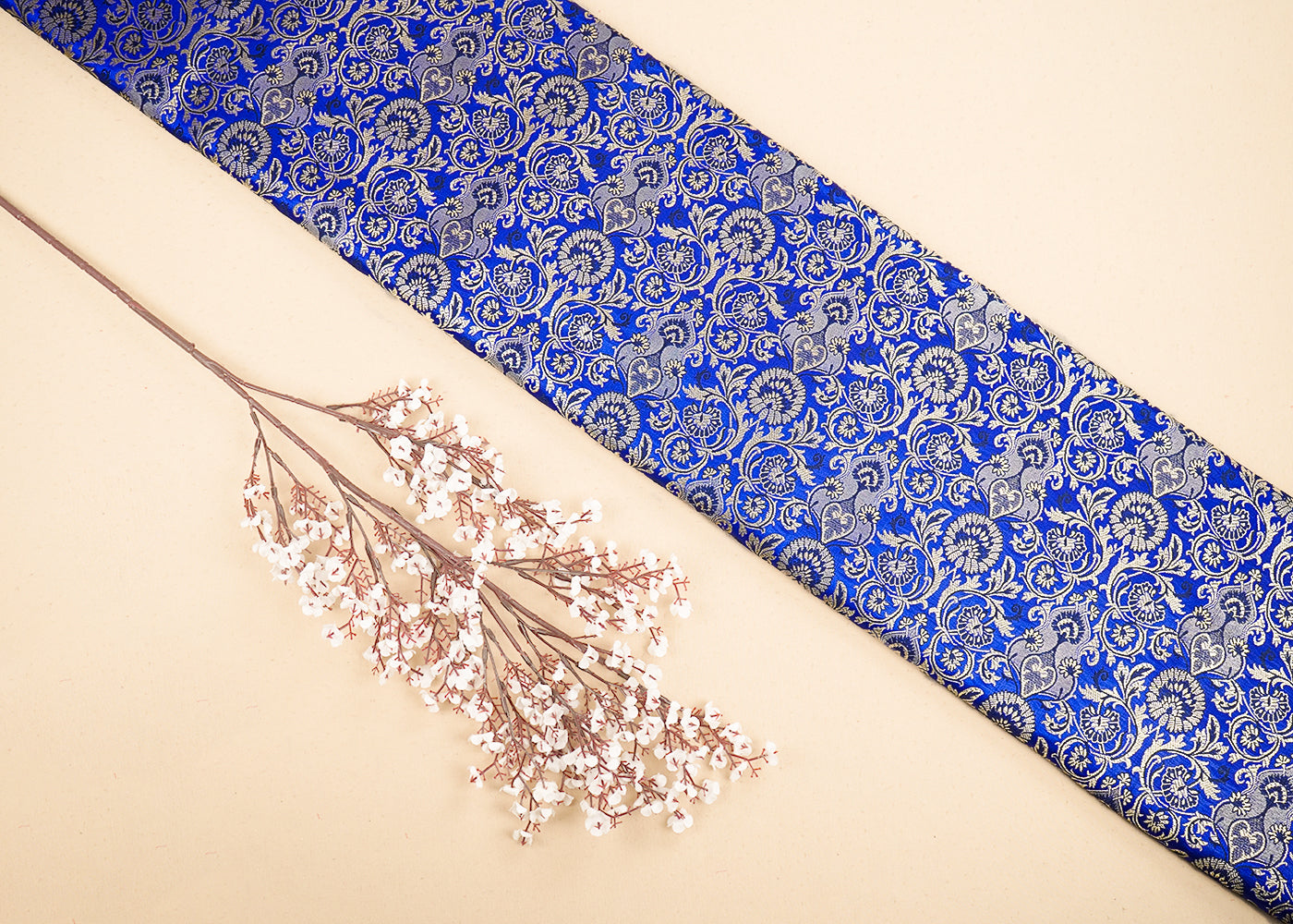 Royal Blue Banarasi Brocade Fabric With All Over Golden Zari Handloom 19871