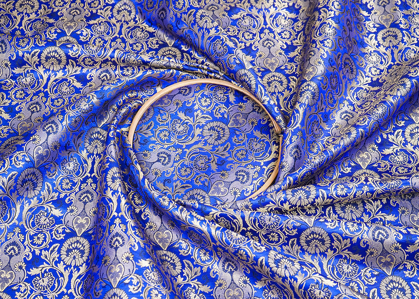 Royal Blue Banarasi Brocade Fabric With All Over Golden Zari Handloom 19871