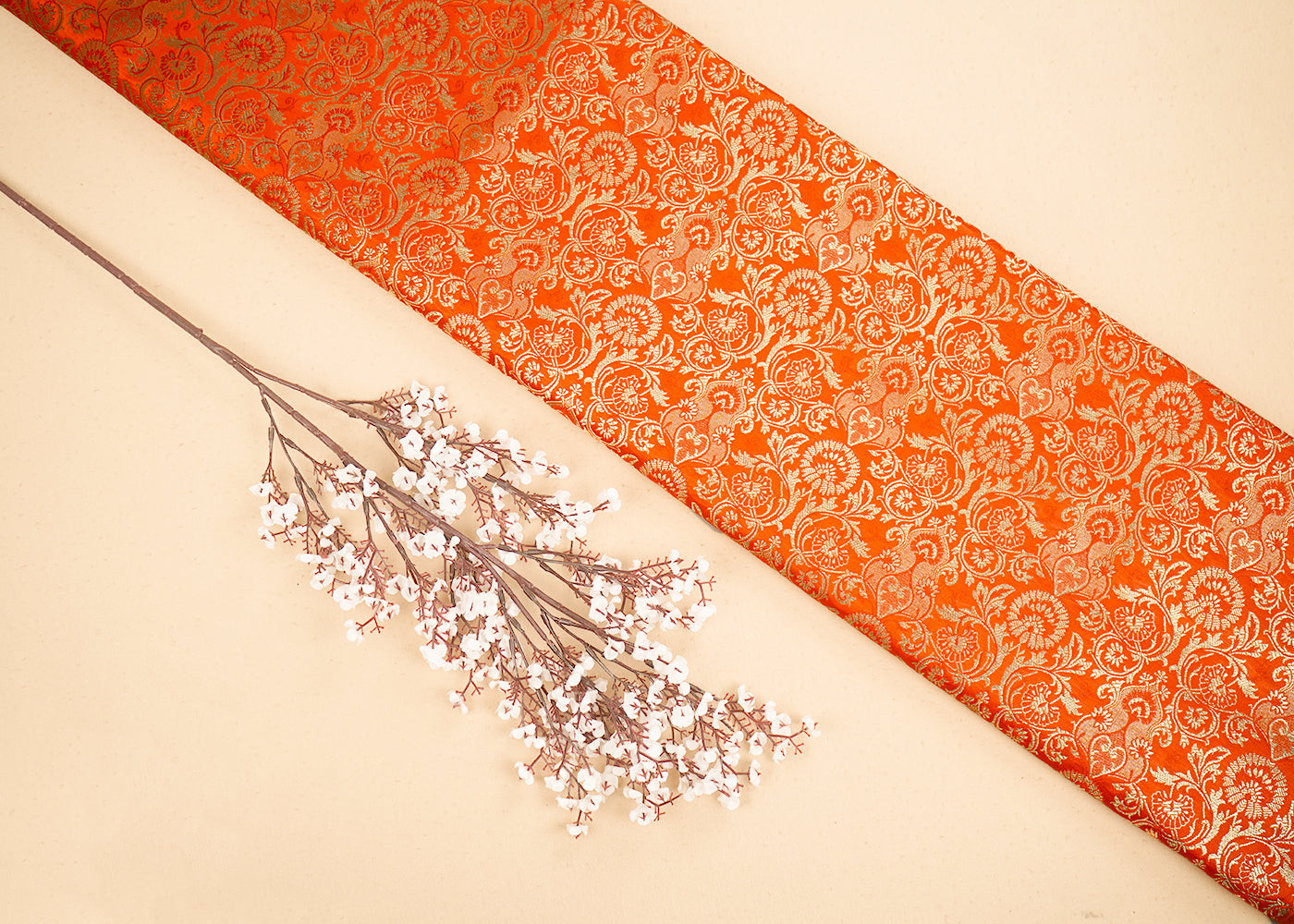 Orange Banaeasi Brocade Fabric With All Over Golden Zari Handloom 19872