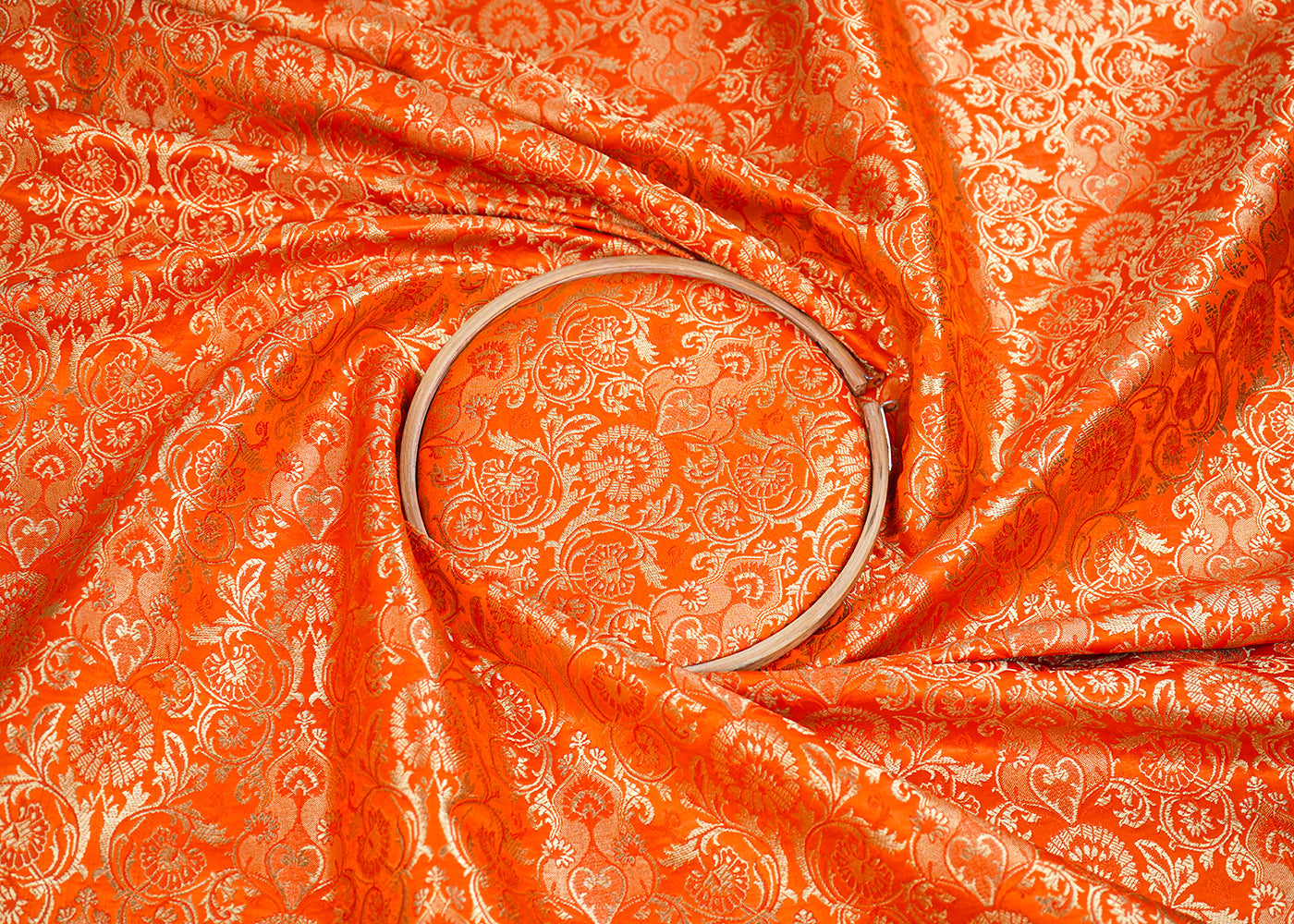 Orange Banaeasi Brocade Fabric With All Over Golden Zari Handloom 19872