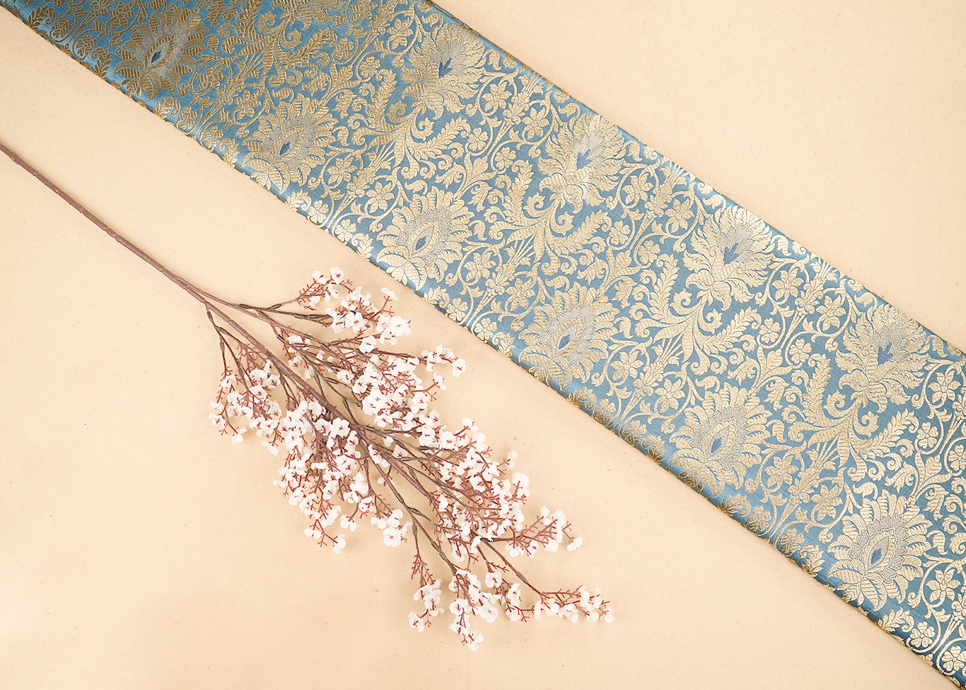 Cool Grey Banarasi Brocade Fabric with Allover Golden Zari Handloom 19873