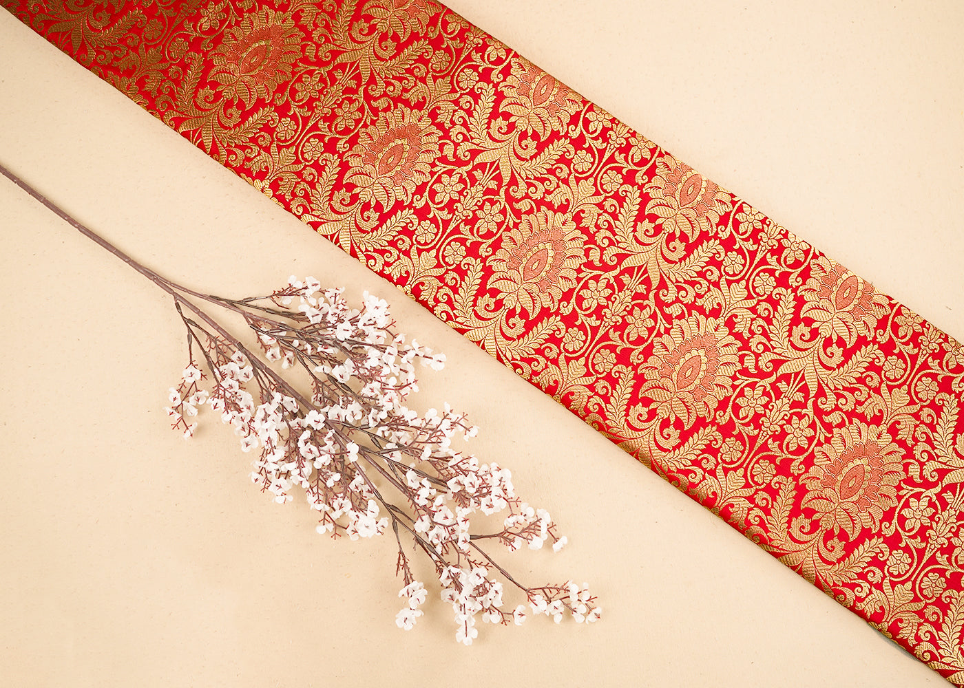 Red Banarasi Brocade Fabric with Allover Golden Zari Handloom 19874
