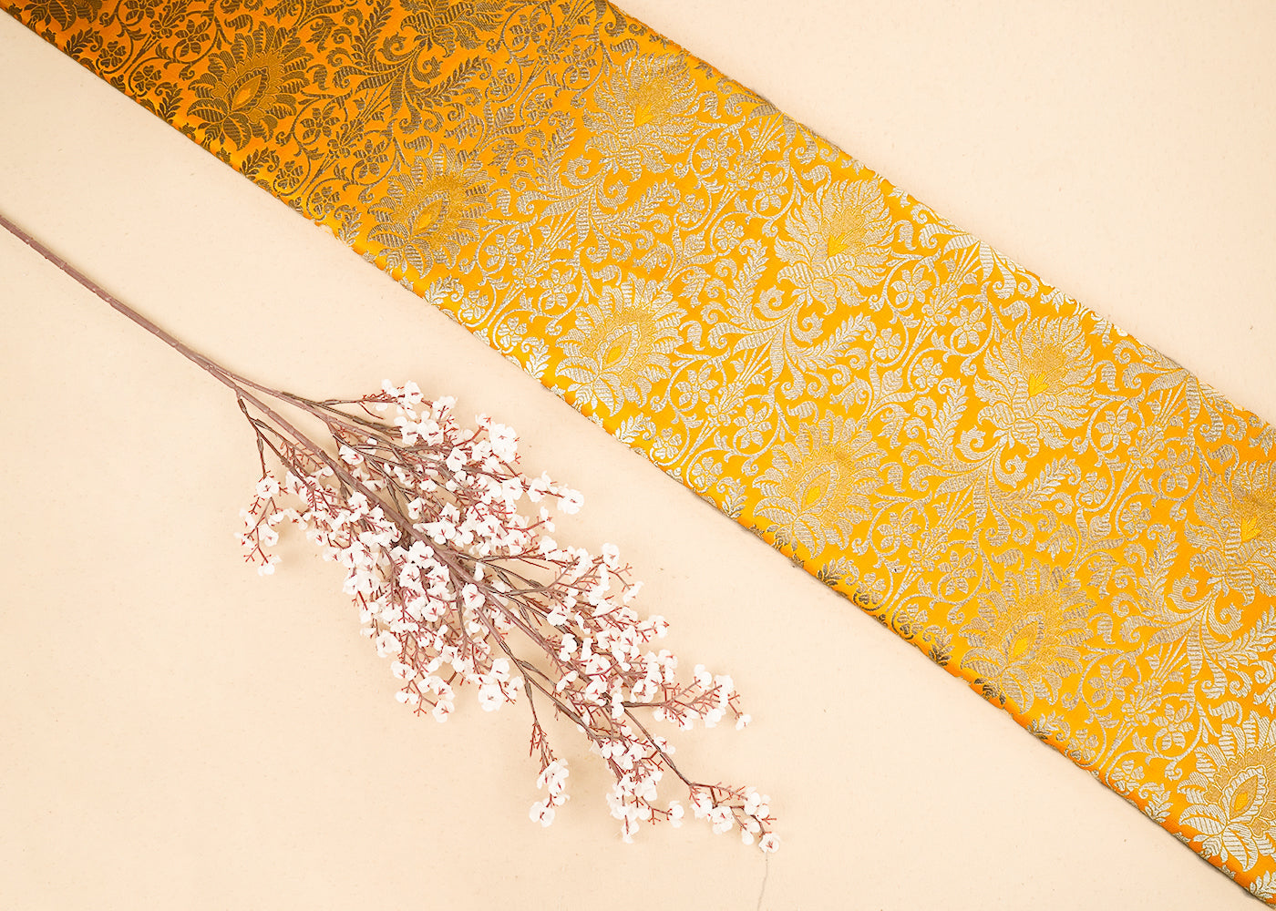 Mustard Banarasi Brocade Fabric with Allover Golden Zari Handloom 19876