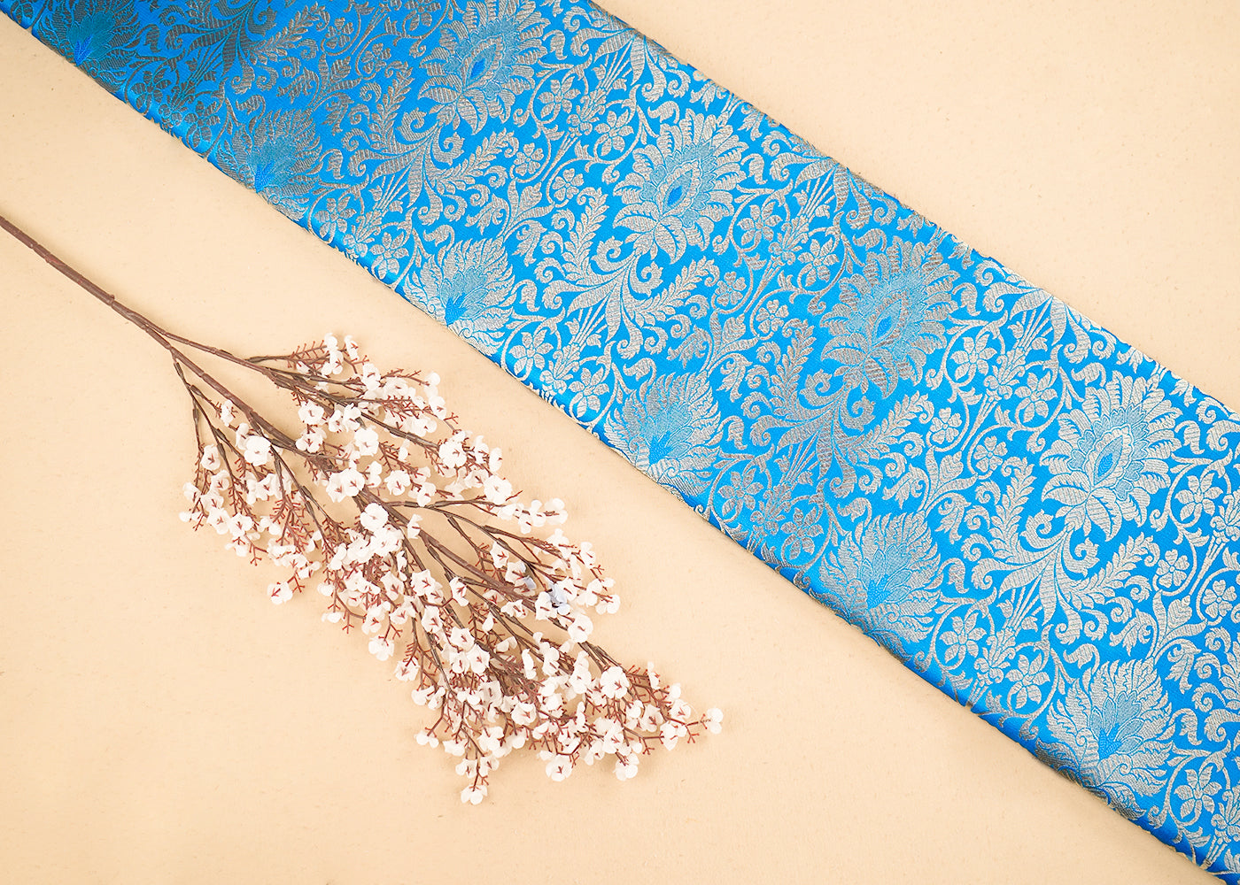 Light Blue Banarasi Brocade Fabric with Allover Golden Zari Handloom 19877