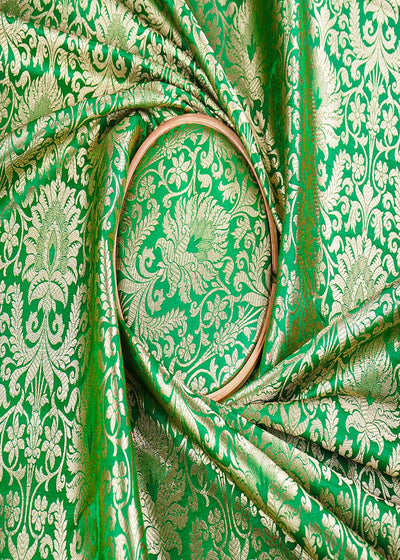 Green Banarasi Brocade Fabric with Allover Golden Zari Handloom 19878