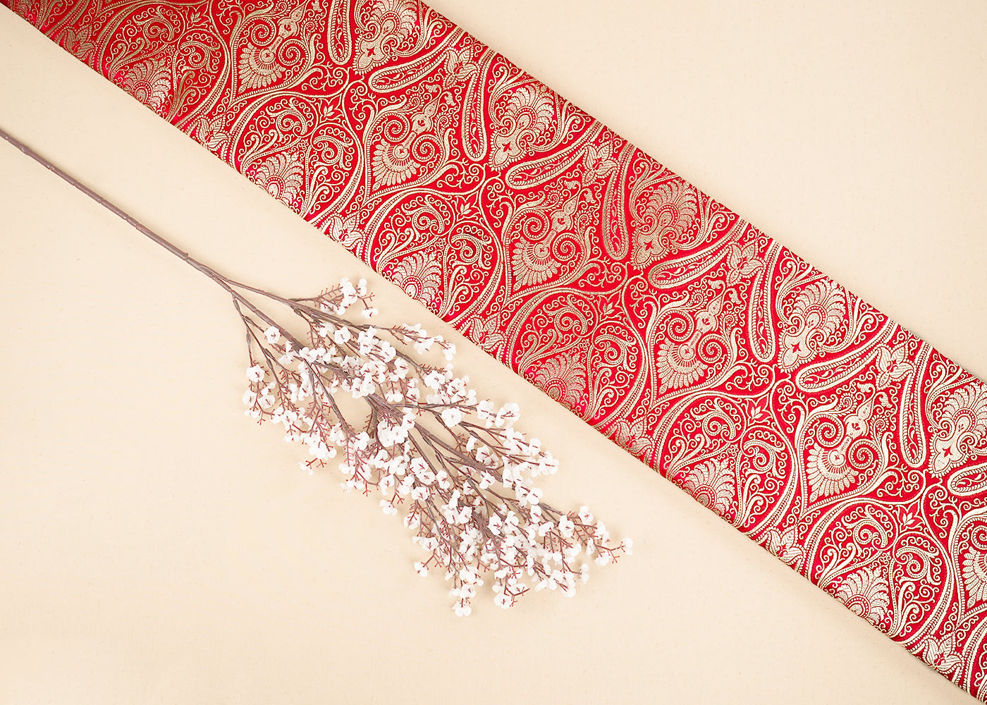 Red Banarasi Brocade Fabric with Allover Golden Zari Handloom 19885