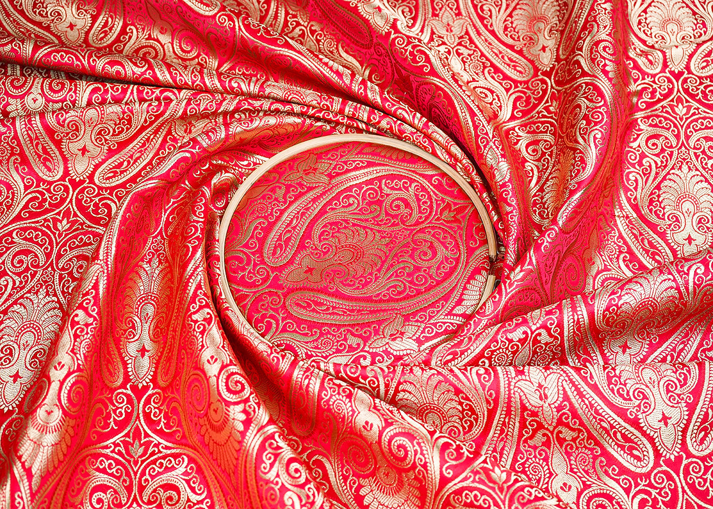 Red Banarasi Brocade Fabric with Allover Golden Zari Handloom 19885