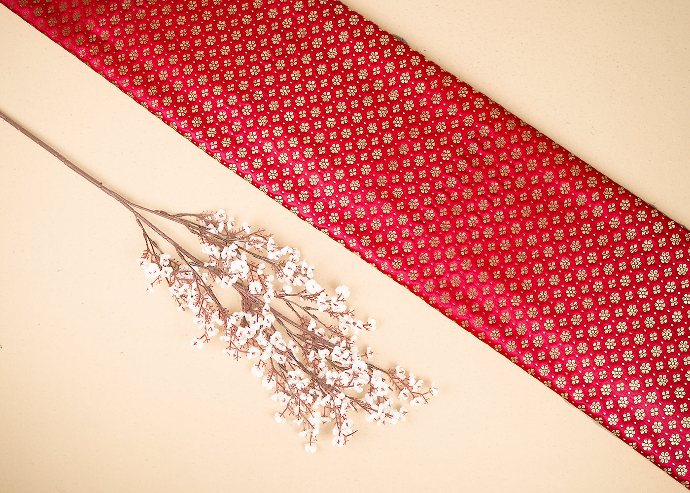 Red Banarasi Brocade Fabric with Allover Golden Zari Handloom 19889