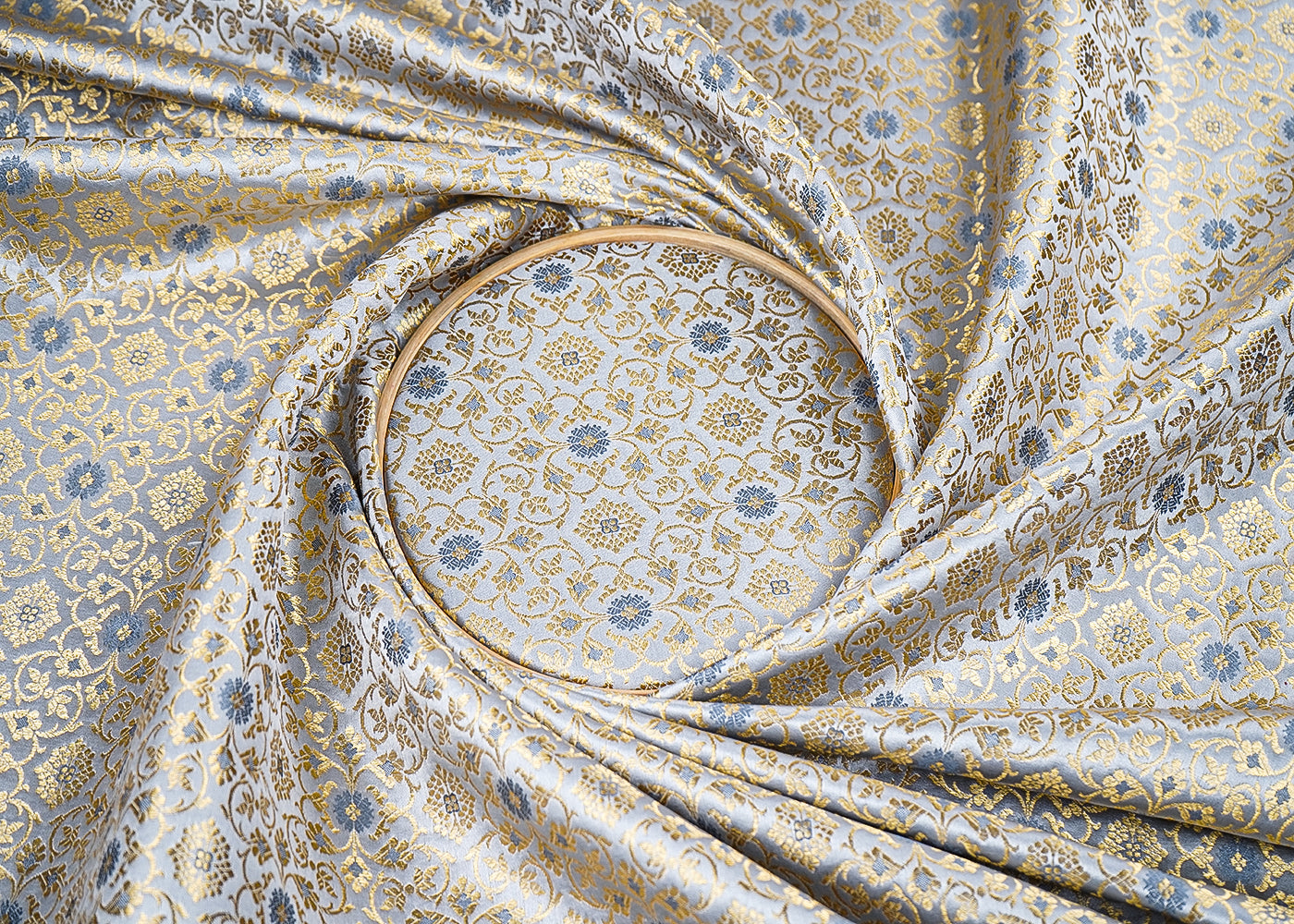 Grey Banarasi Brocade Fabric with Allover Golden Zari Handloom 19910