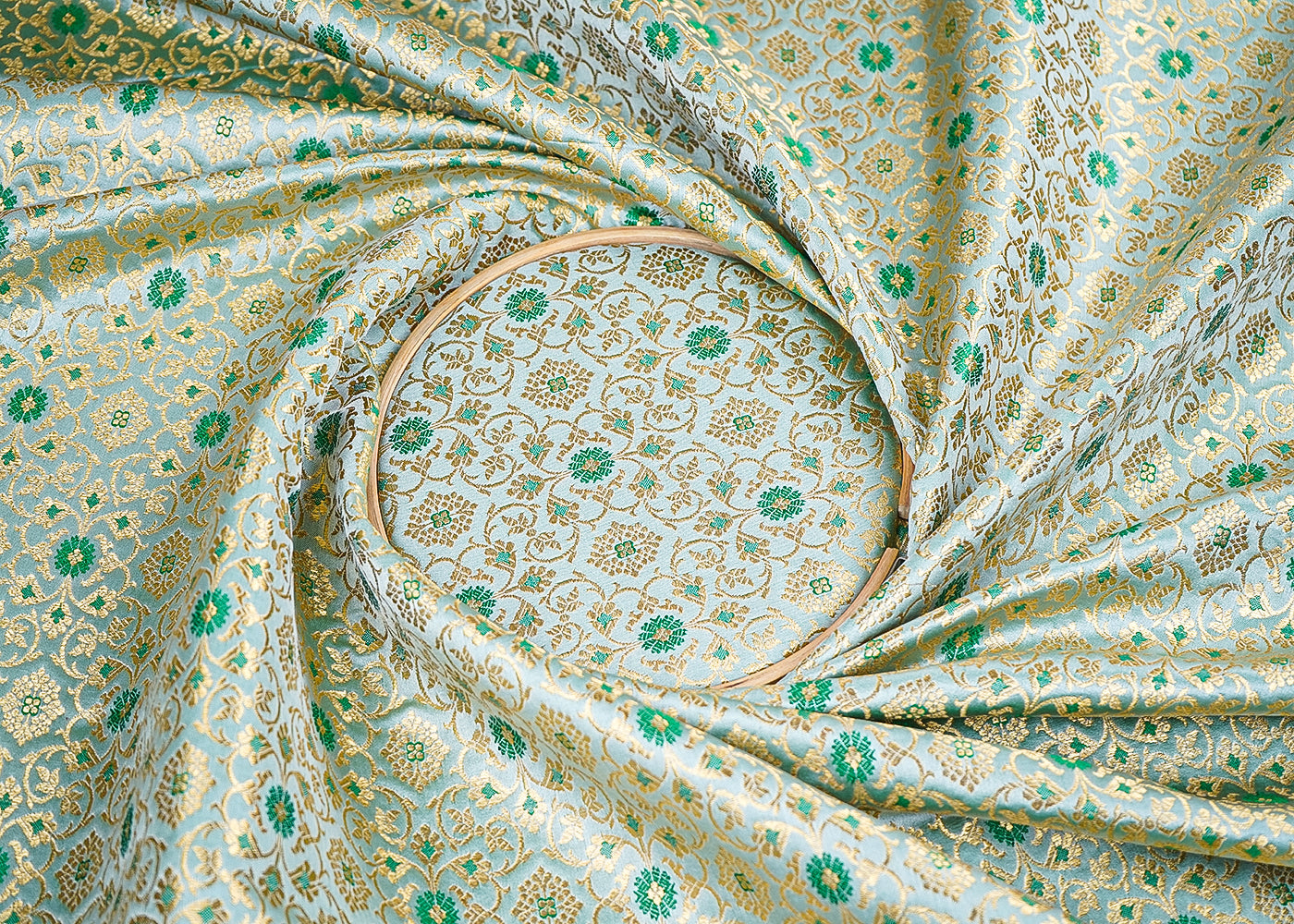 Mint Green Banarasi Brocade Fabric with Allover Golden Zari Handloom 19912