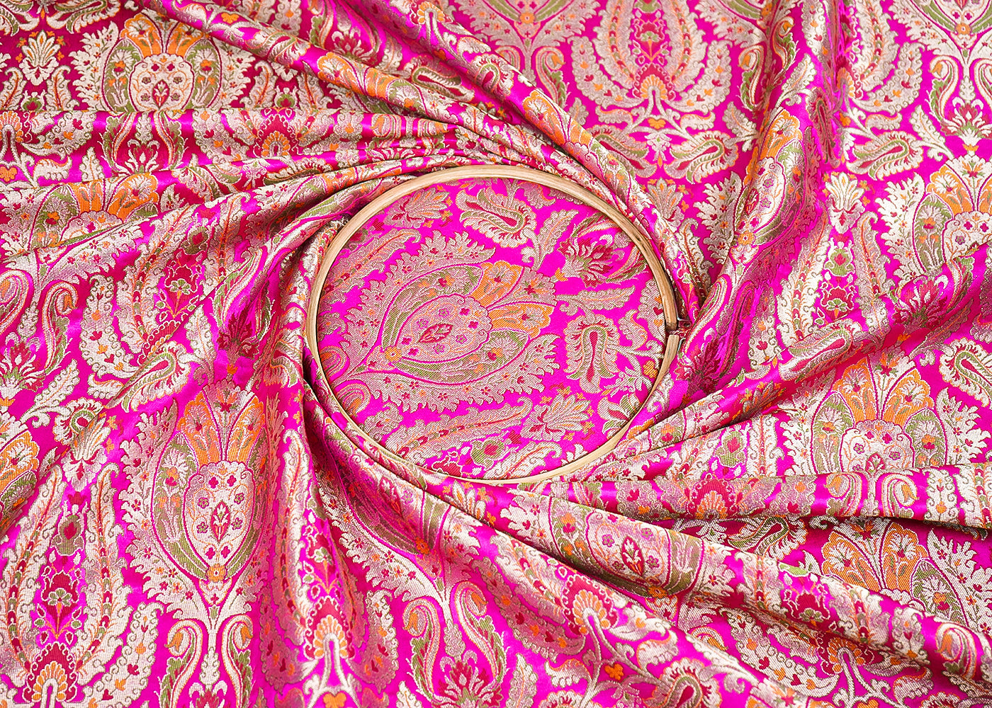 Rani Pink Pure Banarasi Brocade Fabric with Allover Golden Zari Handloom 19922
