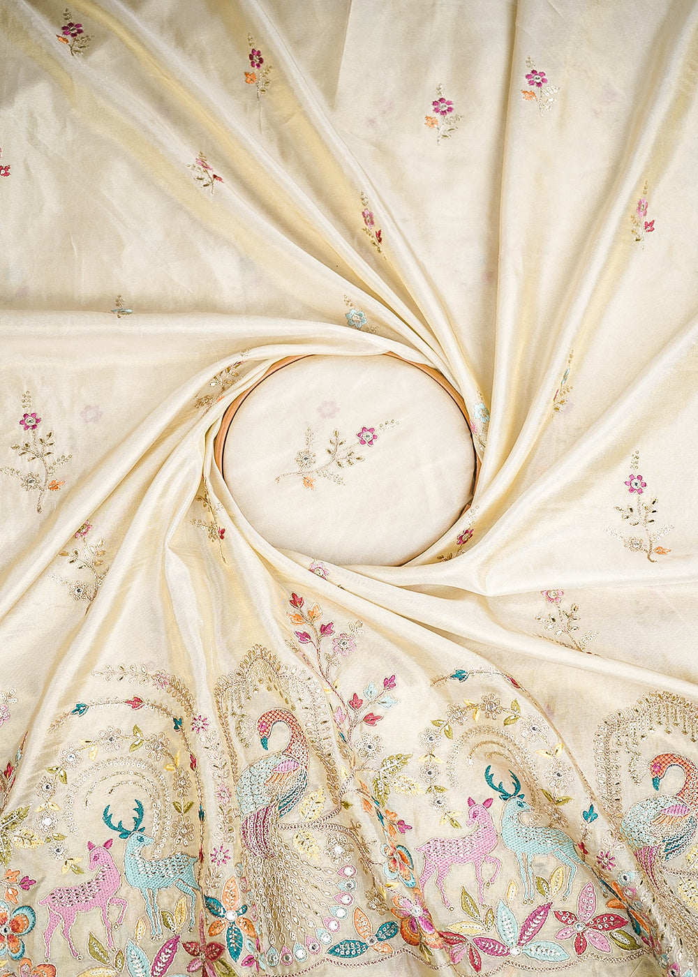 Golden Tissue Fabric With All Over Zari, Sequins And Thread Work With One Side Border 19933