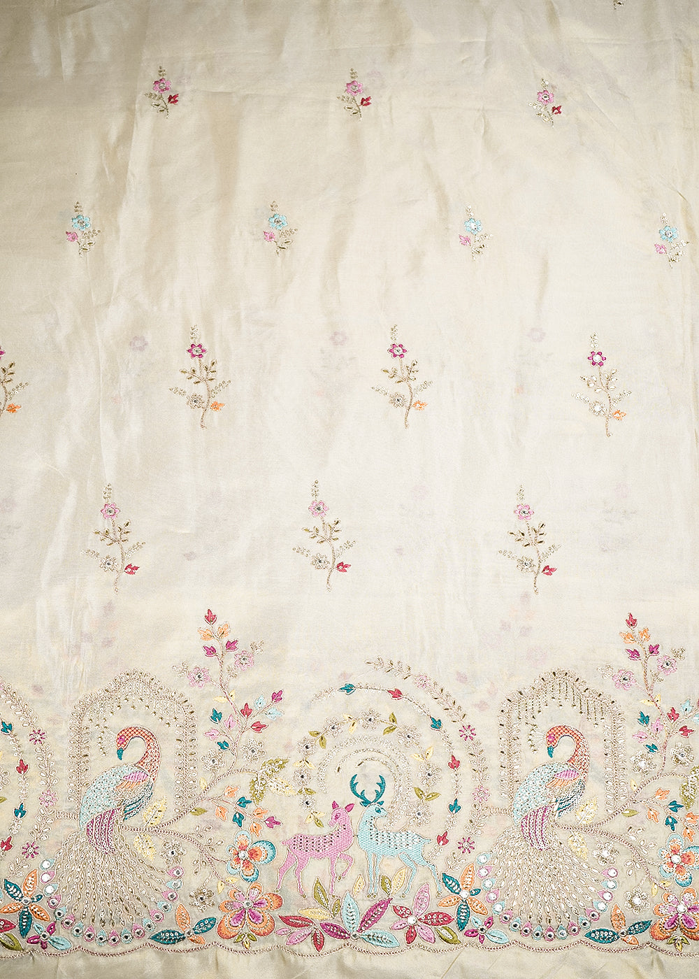 Golden Tissue Fabric With All Over Zari, Sequins And Thread Work With One Side Border 19933
