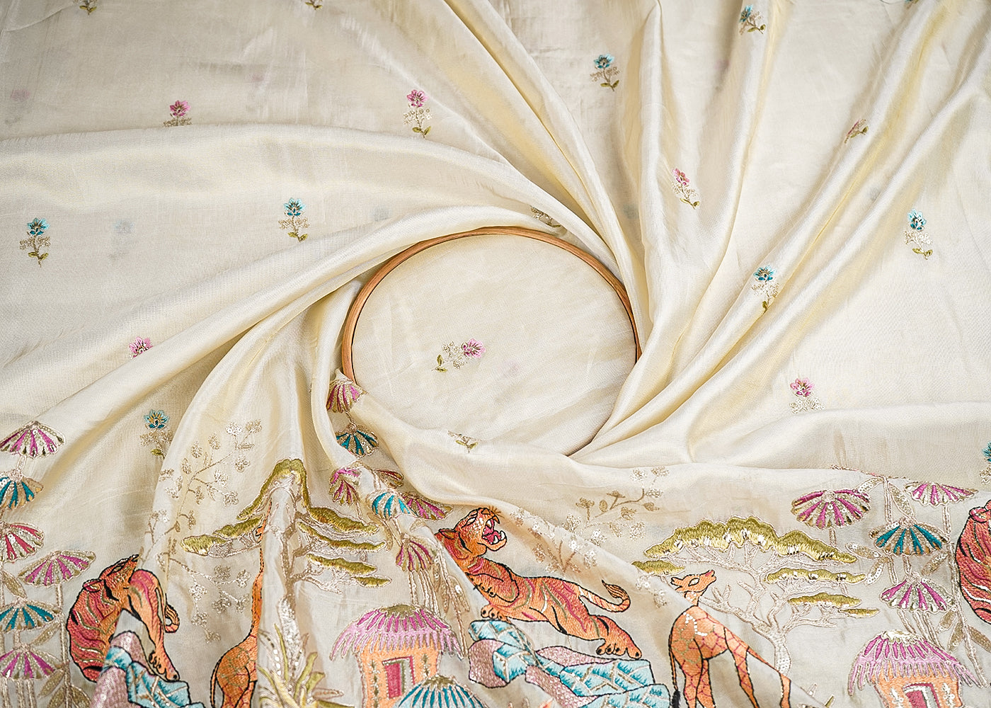 Golden Tissue Fabric With All Over Zari, Sequins And Thread Work With One Side Border 19934