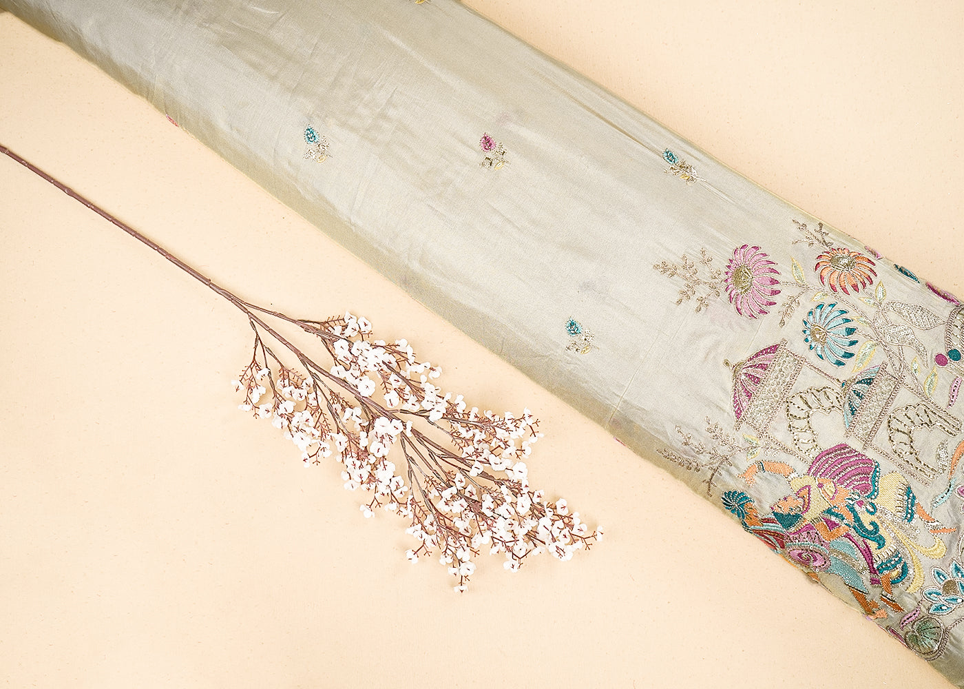 Golden Tissue Fabric With All Over Zari, Sequins And Thread Work With One Side Border 19935