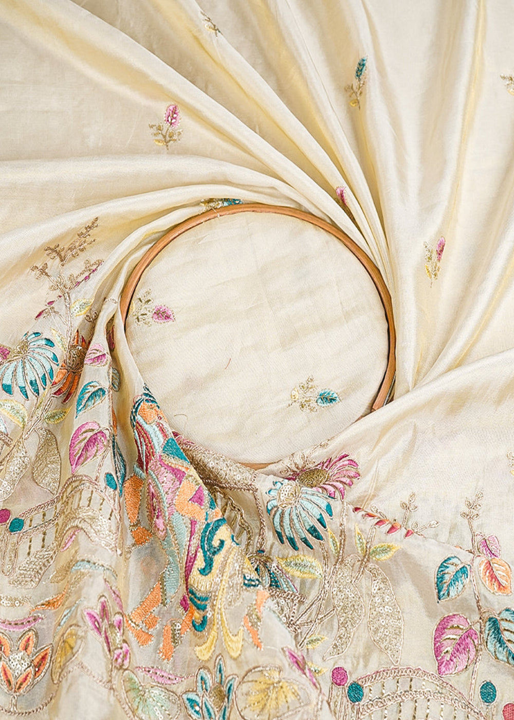 Golden-Dyeable-Tissue-Fabric-With-All-Over-Zari,-Sequins-And-Thread-Work-With-One-Side-Border-19935-close-view