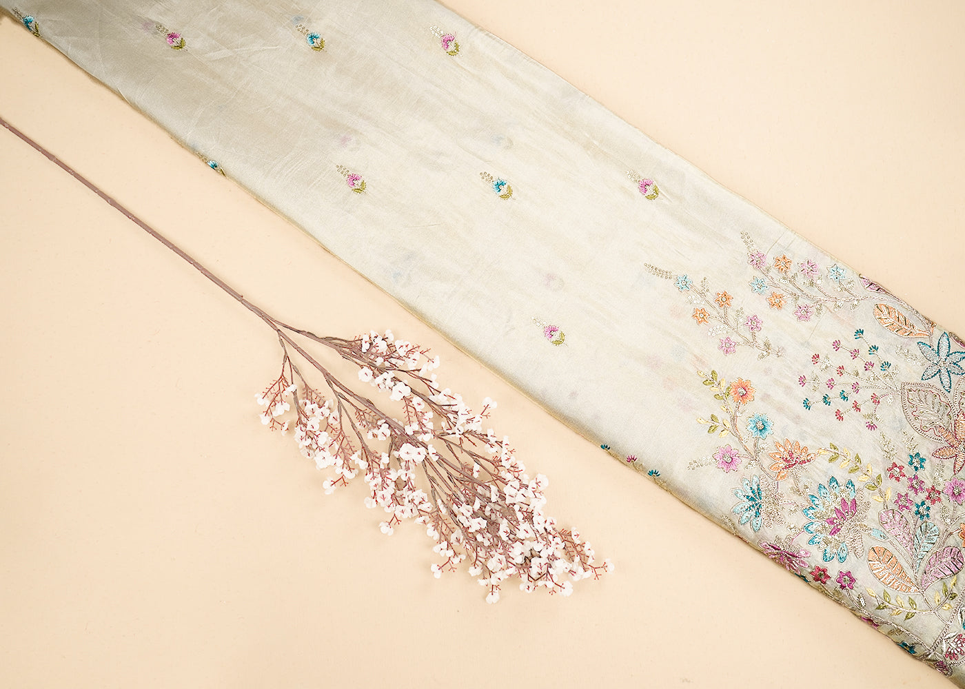 Golden Tissue Fabric With All Over Zari, Sequins And Thread Work With One Side Border 19936