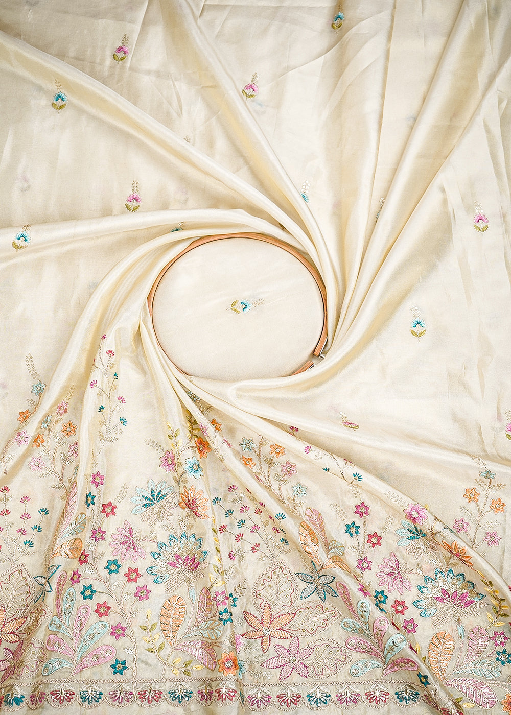 Golden Tissue Fabric With All Over Zari, Sequins And Thread Work With One Side Border 19936