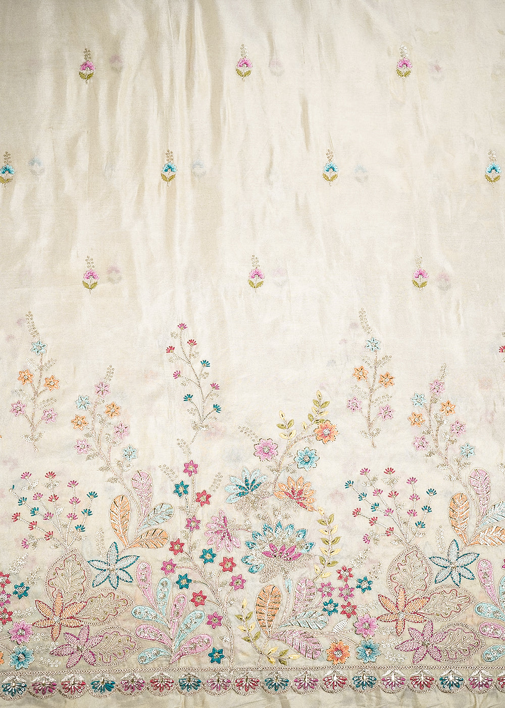 Golden Tissue Fabric With All Over Zari, Sequins And Thread Work With One Side Border 19936