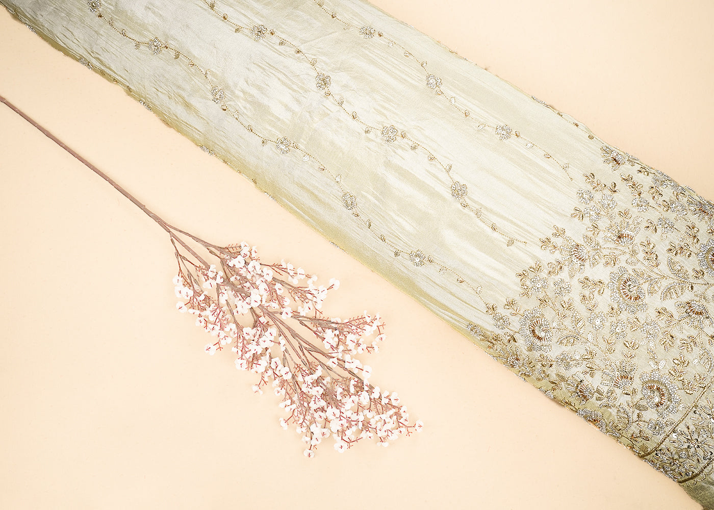 Golden Tissue Fabric With All Over Zari, Sequins, Katdana And Bead Work With One Side Border 19937