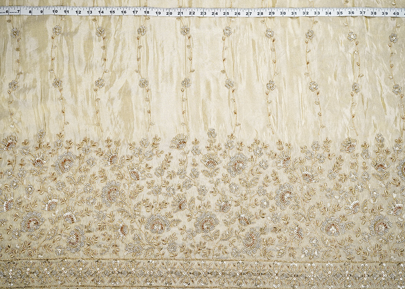 Golden Tissue Fabric With All Over Zari, Sequins, Katdana And Bead Work With One Side Border 19937