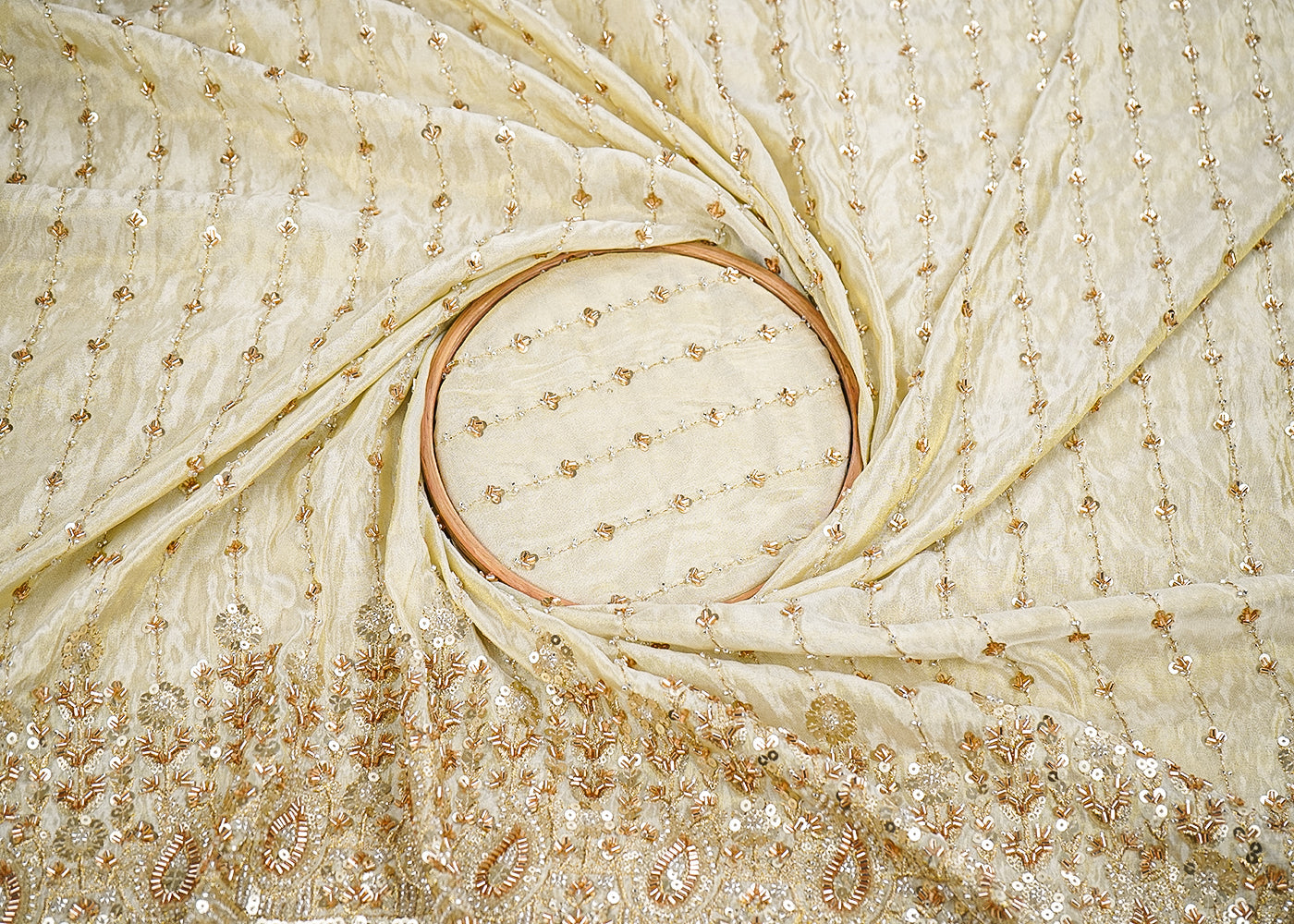 Golden Tissue Fabric With All Over Zari, Sequins, Katdana And Bead Work With One Side Border 19938